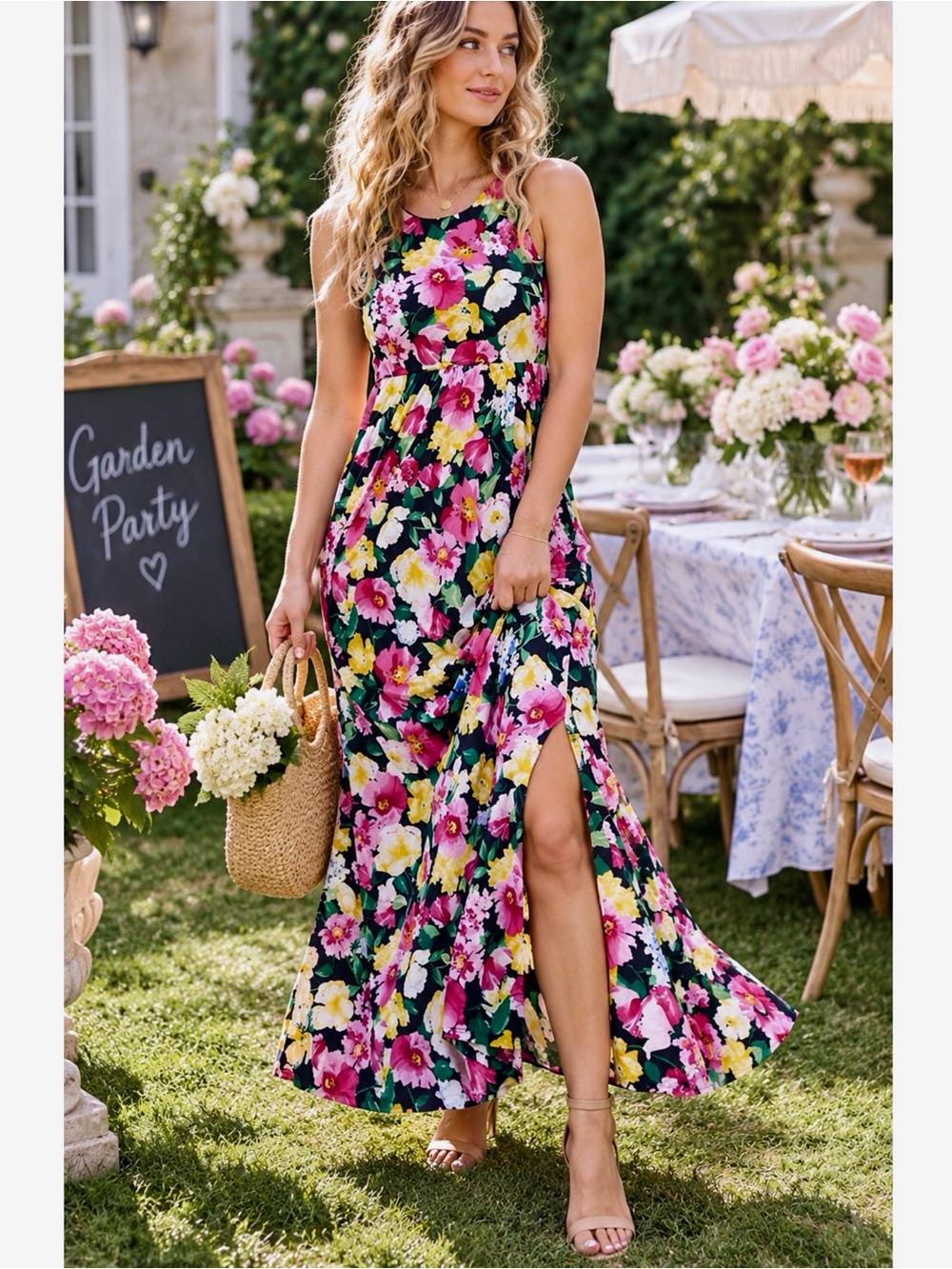 Beeson River Garden Flower Floral Slit Maxi Dress Slimming Silhouette Sleeveless
